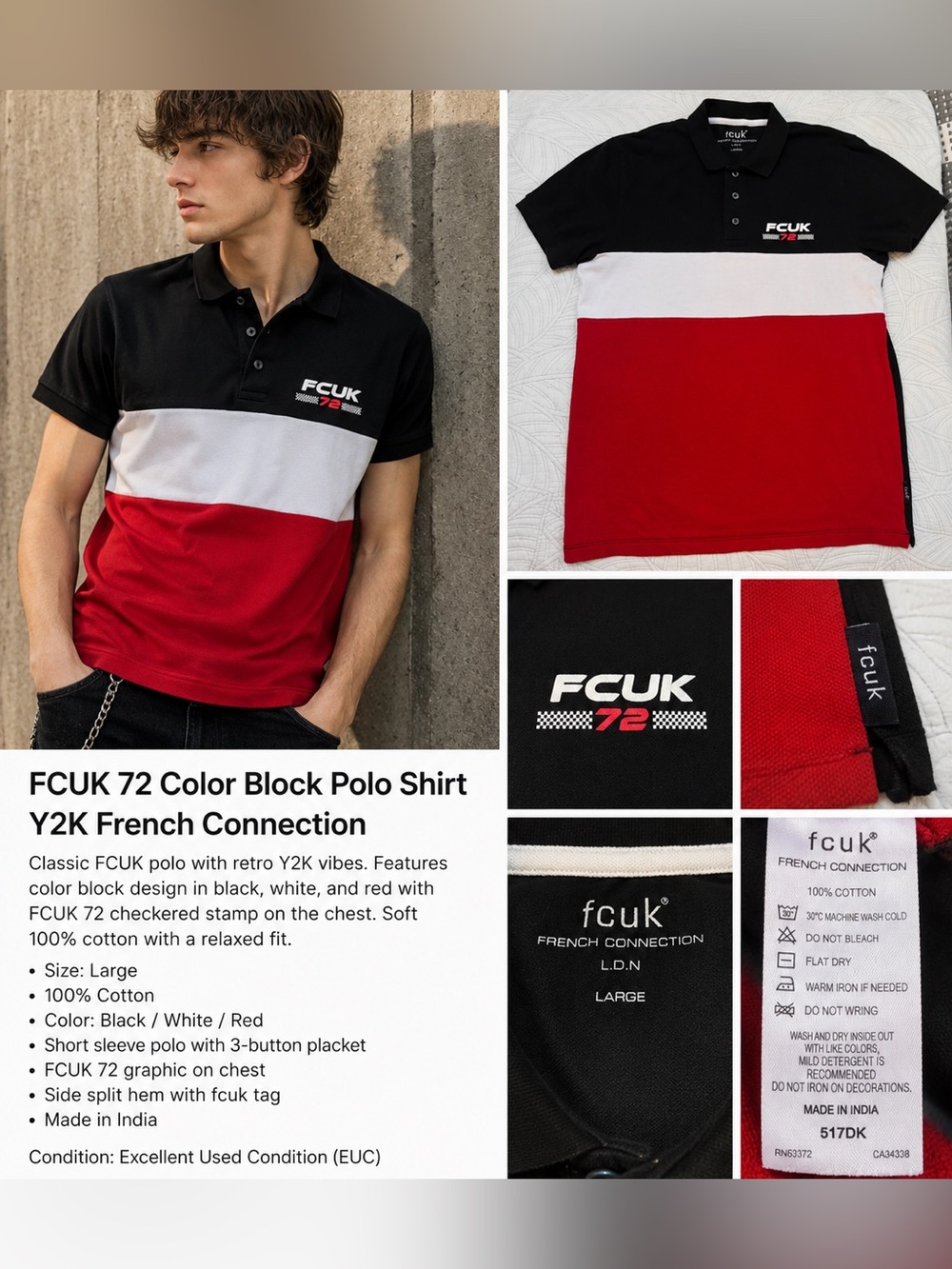 Y2K FCUK French Connection UK 72 Block Polo Shirt Men’s L Black Red White